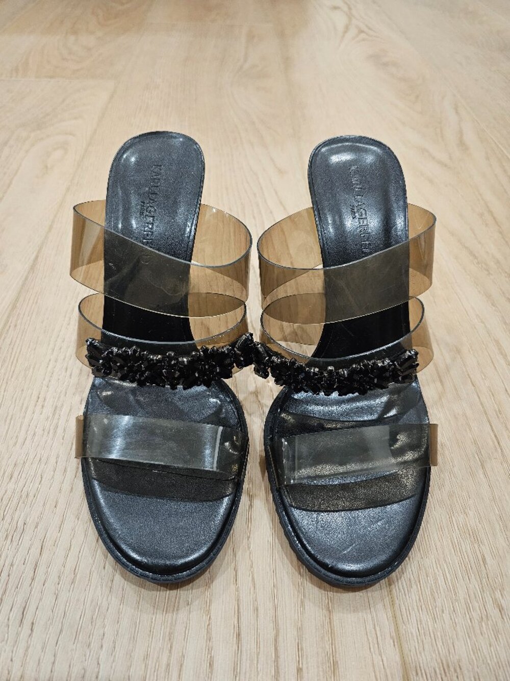 Karl Lagerfeld Paris Brently Smoke Black Vinyl 3-Band High Heel Slide Sandals